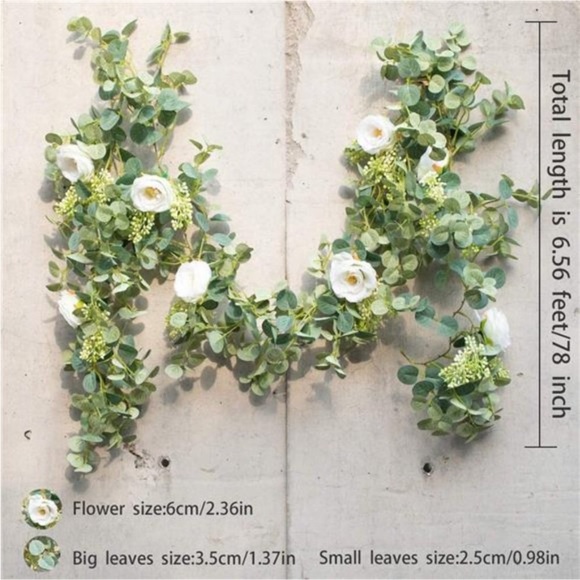 6.56ft Eucalyptus Garland with Flowers-8 White Roses, Artificial Fake Flowers - Picture 4 of 7